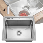 EVIER CUISINE INOX 1BAC CHROME AVEC ACCESSOIRES + COUTEAU 60X45CM